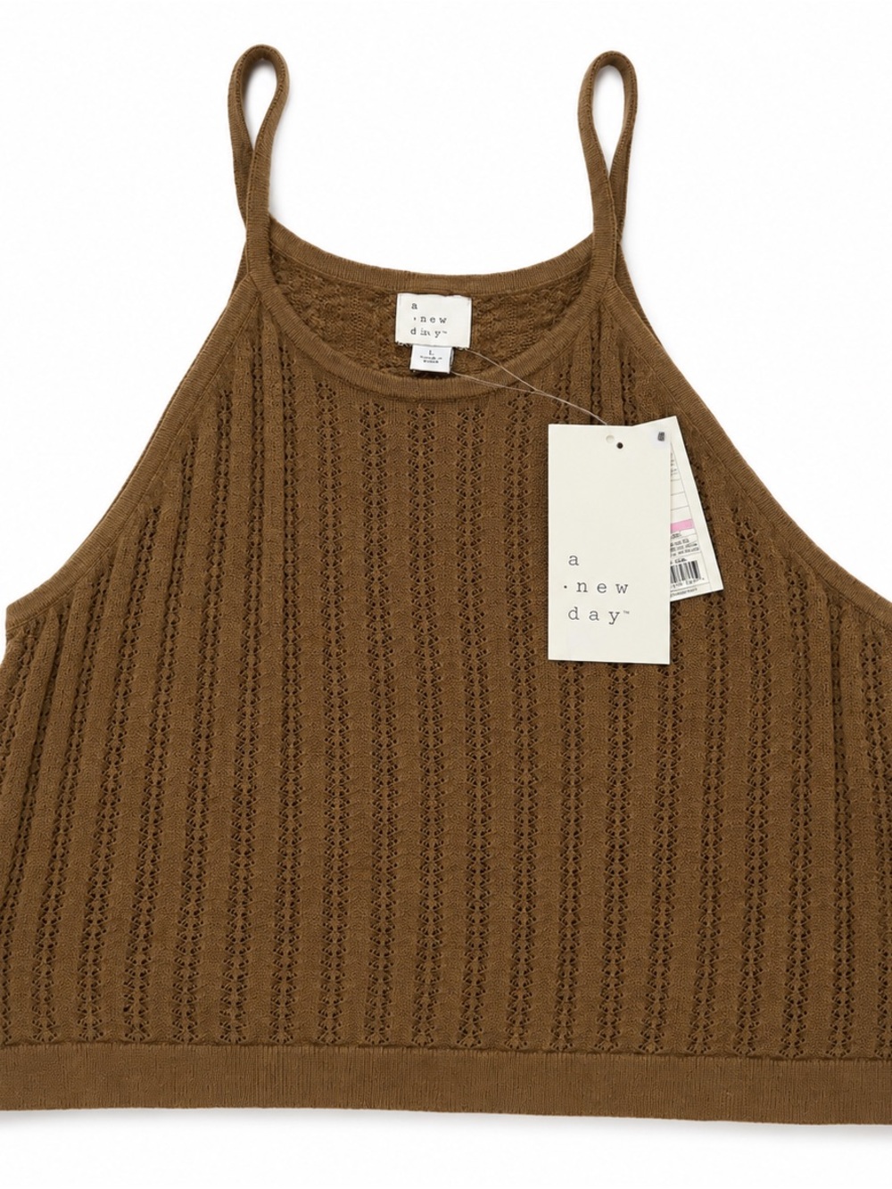 A New Day Brown Knit Pointelle Halter Tank Top NWT Size L